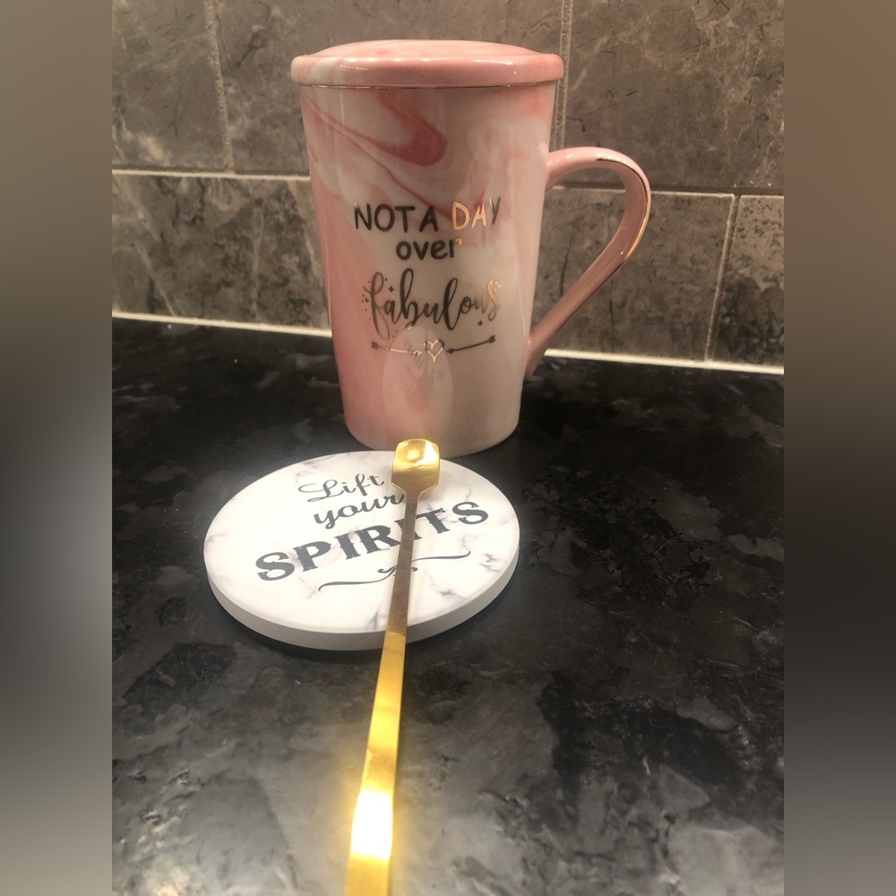 “Not A Day Over Fabulous”Pink Marbled Mug w/ “Lift Your Spirits Coaster”